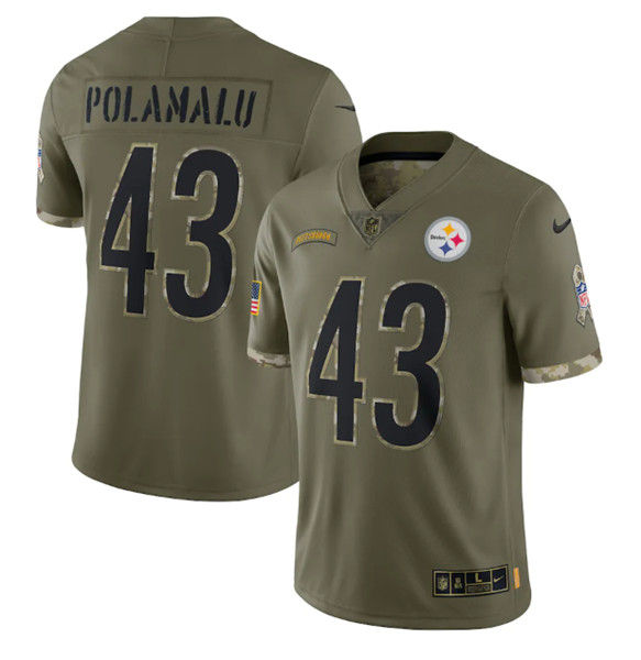 Men's Pittsburgh Steelers #43 Troy Polamalu 2022 Olive Salute To Service Limited Stitched Jersey