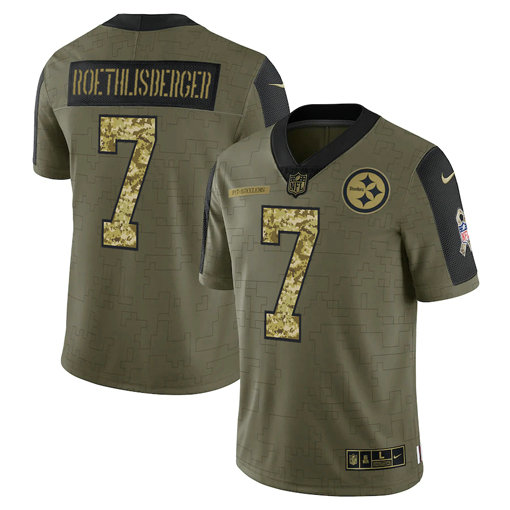 Men's Pittsburgh Steelers #7 Ben Roethlisberger 2021 Olive Camo Salute To Service Limited Stitched Jersey
