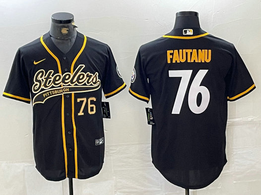 Men's Pittsburgh Steelers #76 Troy Fautanu Black With Patch Cool Base Stitched Baseball Jersey 1
