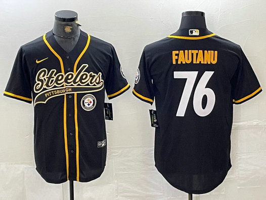 Men's Pittsburgh Steelers #76 Troy Fautanu Black With Patch Cool Base Stitched Baseball Jersey 2