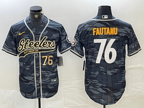 Men's Pittsburgh Steelers #76 Troy Fautanu Black With Patch Cool Base Stitched Baseball Jersey 4