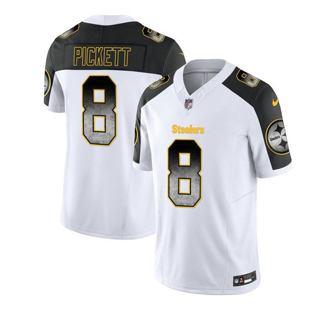 Men's Pittsburgh Steelers #8 Kenny Pickett White Black 2023 F.U.S.E. Smoke Vapor Untouchable Limited Stitched Jersey