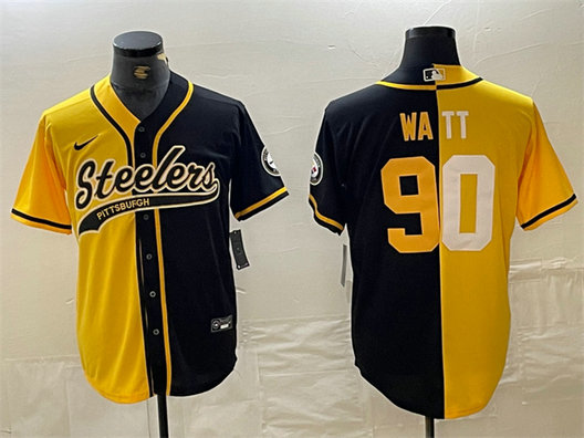 Men's Pittsburgh Steelers #90 T. J. Watt Yellow Black Split With Patch Cool Base Stitched Baseball Jersey
