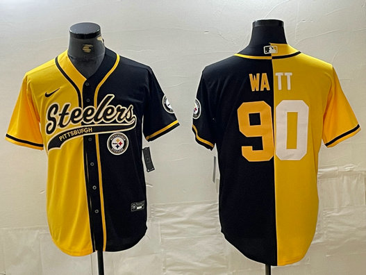 Men's Pittsburgh Steelers #90 T. J. Watt Yellow Black Split With Patch Cool Base Stitched Baseball Jerseys