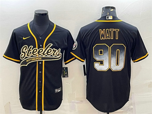 Men's Pittsburgh Steelers #90 T.J. Watt Black Gold With Patch Cool Base Stitched Baseball Jersey
