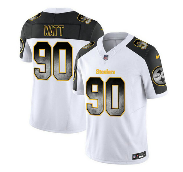 Men's Pittsburgh Steelers #90 T.J. Watt White Black 2023 F.U.S.E. Smoke Vapor Untouchable Limited Stitched Jersey
