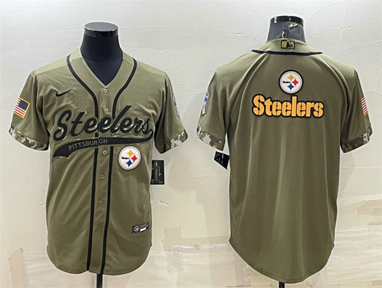 Men's Pittsburgh Steelers Blank Olive Salute To Service Team Big Logo Cool Base Stitched Baseball Jersey