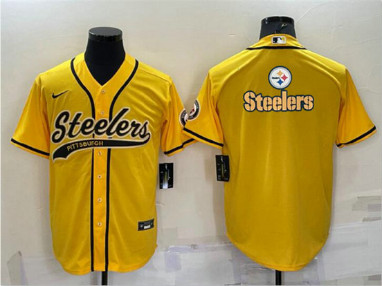 Men's Pittsburgh Steelers Yellow Team Big Logo With Patch Cool Base Stitched Baseball Jersey