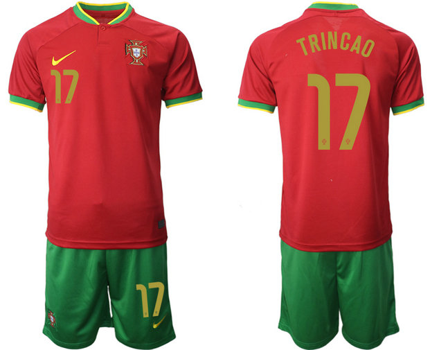 Men's Portugal #17 Trincao Red Home Soccer Jersey Suit