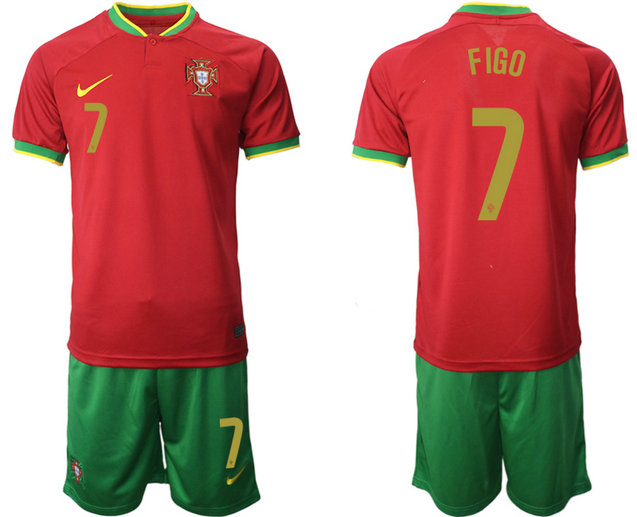 Men's Portugal #7 Figo Red Home Soccer Jersey Suit