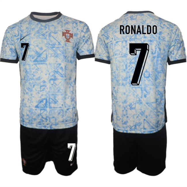 Men's Portugal Team #7 Ronaldo 2024-25 White Blue Away Soccer Jersey Suit