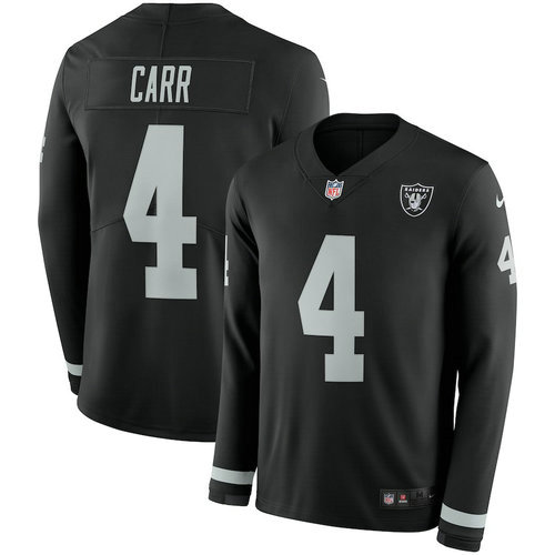 Men's Raiders #4 Derek Carr Black Team Color Men's Stitched NFL Limited Therma Long Sleeve Jersey