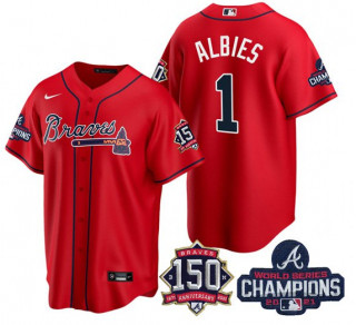 Men's Red Atlanta Braves #1 Ozzie Albies 2021 World Series Champions With 150th Anniversary Patch Cool Base Stitched Jersey