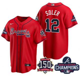 Men's Red Atlanta Braves #12 Jorge Soler 2021 World Series Champions With 150th Anniversary Patch Cool Base Stitched Jersey