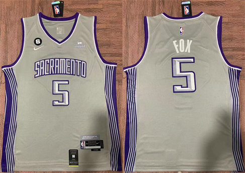 Men's Sacramento Kings #5 De'Aaron Fox Gray No.6 Patch Stitched Jersey