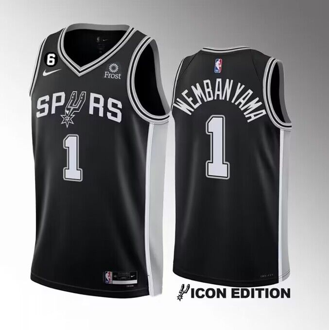 Men's San Antonio Spurs #1 Victor Wembanyama Black 2022 23 Icon Edition With NO.6 Patch Stitched Basketball Jersey