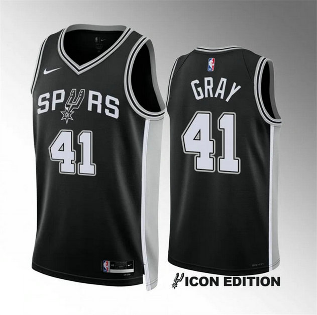Men's San Antonio Spurs #41 Raiquan Gray Black 2022 23 Icon Edition Stitched Basketball Jersey