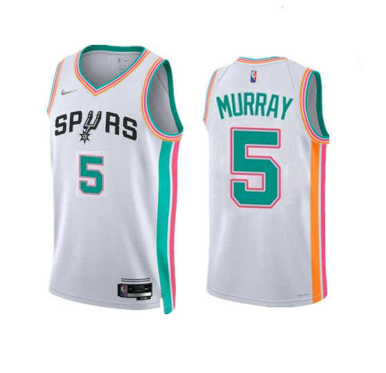 Men's San Antonio Spurs #5 Dejounte Murray 2021 22 White City Edition Stitched Jersey