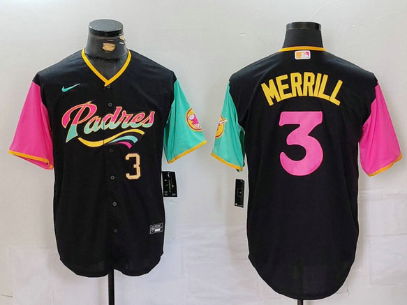 Men's San Diego Padres #3 Jackson Merrill Black City Connect Cool Base Stitched Baseball Jersey 1