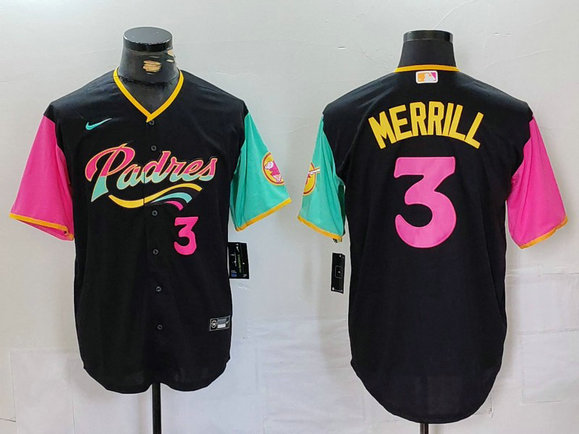 Men's San Diego Padres #3 Jackson Merrill Black City Connect Cool Base Stitched Baseball Jersey 2