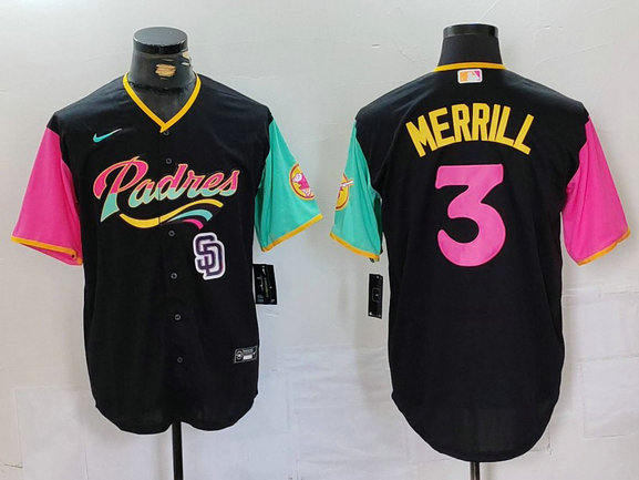 Men's San Diego Padres #3 Jackson Merrill Black City Connect Cool Base Stitched Baseball Jersey 3