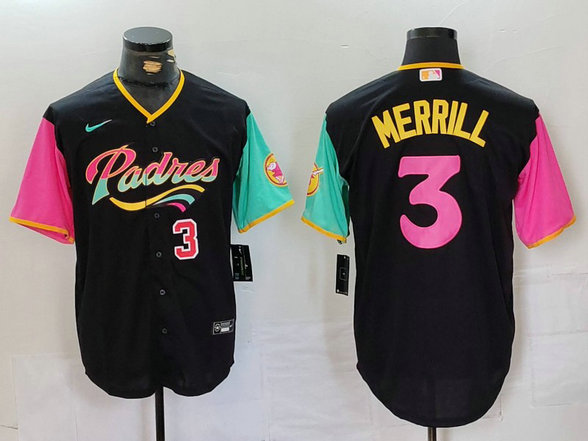 Men's San Diego Padres #3 Jackson Merrill Black City Connect Cool Base Stitched Baseball Jersey 5