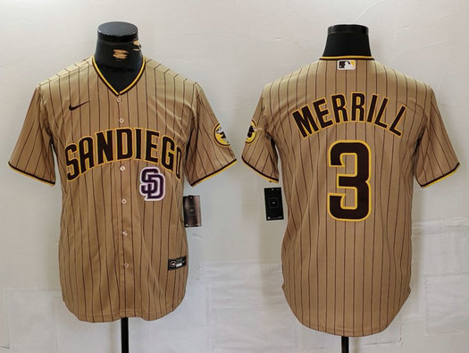 Men's San Diego Padres #3 Jackson Merrill Tan Cool Base Stitched Baseball Jersey 1