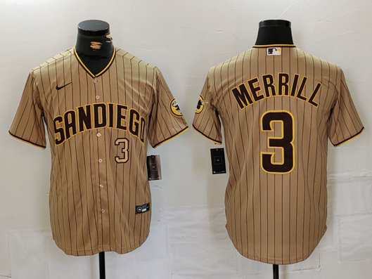 Men's San Diego Padres #3 Jackson Merrill Tan Cool Base Stitched Baseball Jersey 2