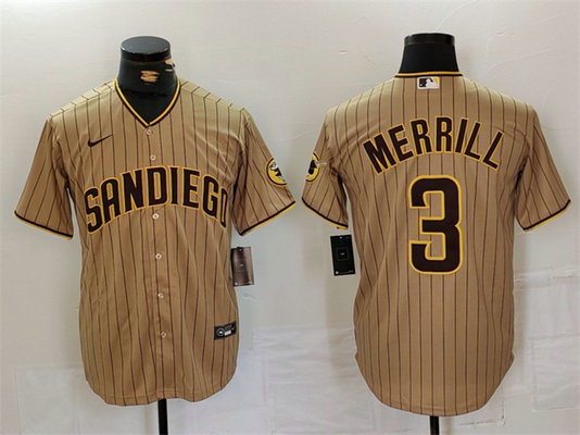 Men's San Diego Padres #3 Jackson Merrill Tan Cool Base Stitched Baseball Jersey