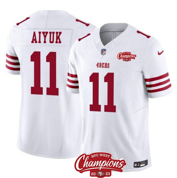 Men's San Francisco 49ers #11 Brandon Aiyuk White 2023 F.U.S.E. NFC West Champions Patch Football Stitched Jersey