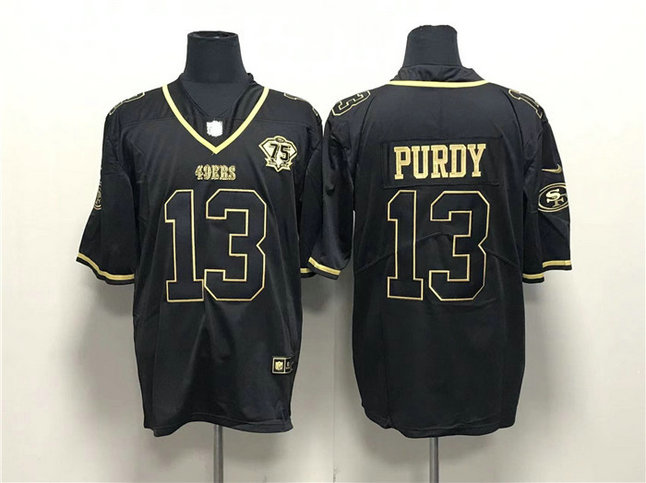 Men's San Francisco 49ers #13 Brock Purdy Black Gold With 75th Anniversary Patch Stitched Jersey