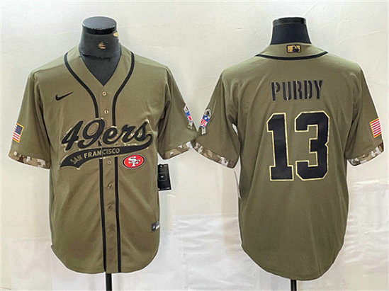 Men's San Francisco 49ers #13 Brock Purdy Olive Salute to Service With Patch Cool Base Stitched Baseball Jersey