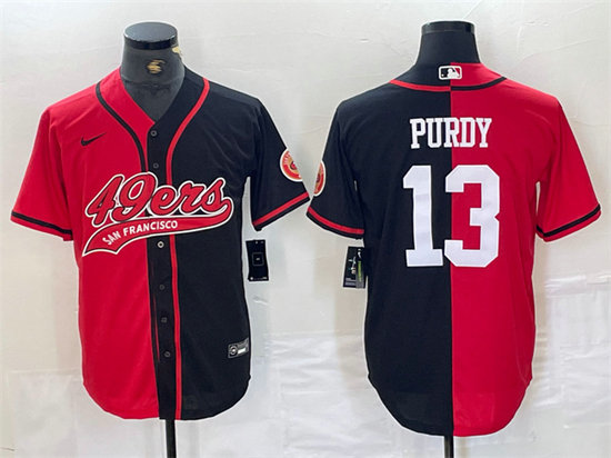 Men's San Francisco 49ers #13 Brock Purdy Red Black Split With Patch Cool Base Stitched Baseball Jersey