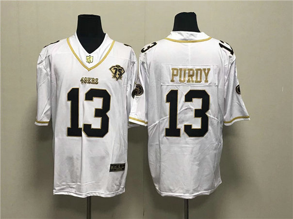Men's San Francisco 49ers #13 Brock Purdy White Gold With 75th Anniversary Patch Stitched Jersey