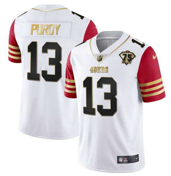 Men's San Francisco 49ers #13 Brock Purdy White Red With 75th Anniversary Patch Stitched Jersey