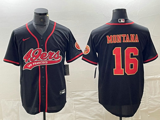 Men's San Francisco 49ers #16 Joe Montana Black Red With Patch Cool Base Stitched Baseball Jersey