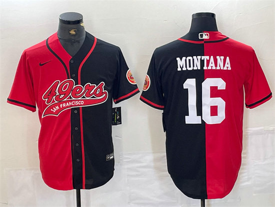 Men's San Francisco 49ers #16 Joe Montana Red Black Split With Patch Cool Base Stitched Baseball Jersey