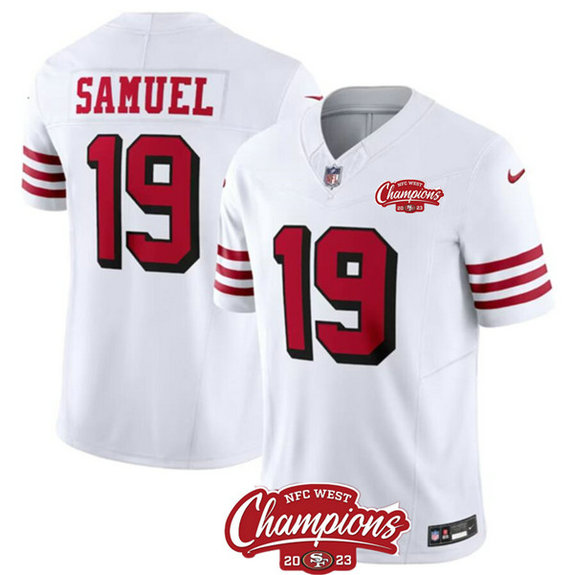 Men's San Francisco 49ers #19 Deebo Samuel White 2023 F.U.S.E. NFC West Champions Patch Alternate Football Stitched Jersey