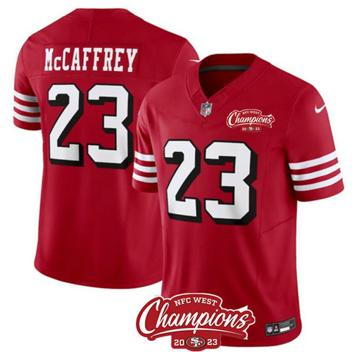 Men's San Francisco 49ers #23 Christian McCaffrey Red 2023 F.U.S.E. NFC West Champions Patch Alternate Football Stitched Jersey