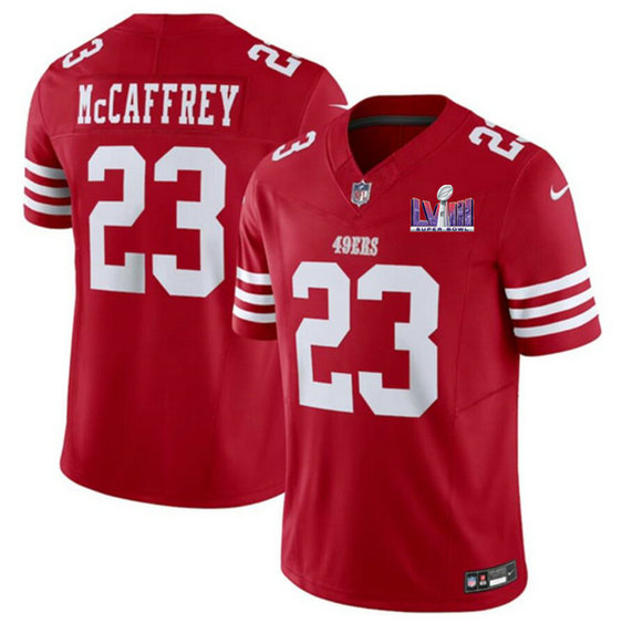 Men's San Francisco 49ers #23 Christian McCaffrey Red 2024 F.U.S.E. Super Bowl LVIII Patch Vapor Untouchable limited Jersey