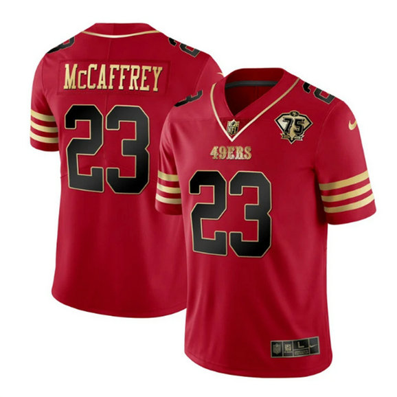 Men's San Francisco 49ers #23 Christian McCaffrey Red Gold With 75th Patch Cool Base Stitched Jersey