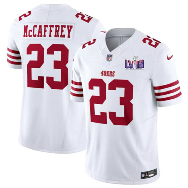 Men's San Francisco 49ers #23 Christian McCaffrey White 2024 F.U.S.E. Super Bowl LVIII Patch Vapor Untouchable Limited Jersey