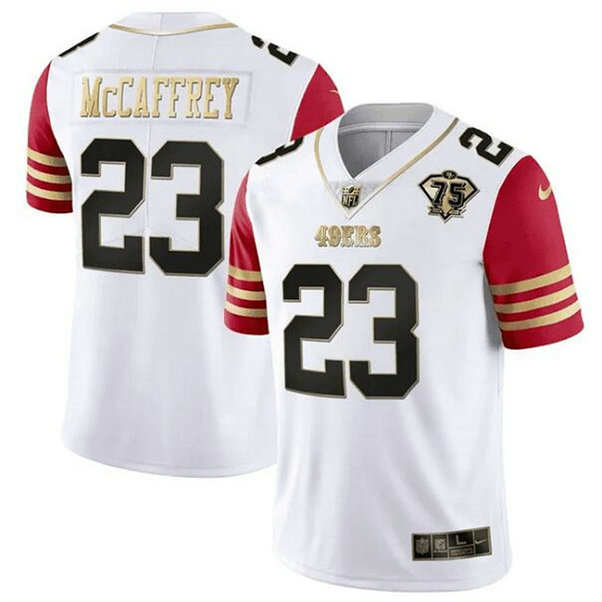 Men's San Francisco 49ers #23 Christian McCaffrey White Red With 75th Anniversary Patch Stitched Jersey