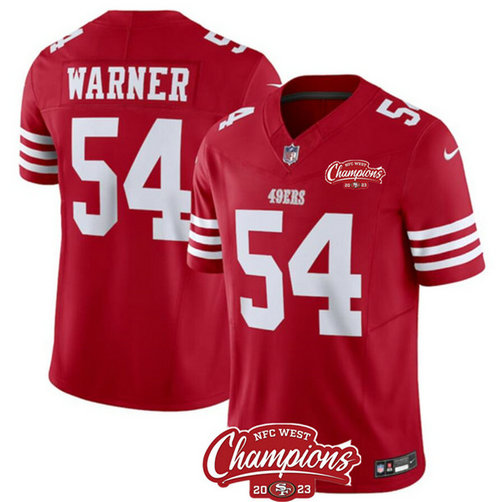 Men's San Francisco 49ers #54 Fred Warner Red 2023 F.U.S.E. NFC West Champions Patch Football Stitched Jersey