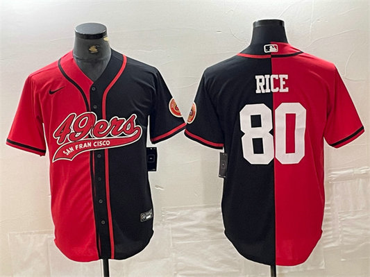 Men's San Francisco 49ers #80 Jerry Rice Red Black Split With Patch Cool Base Stitched Baseball Jersey
