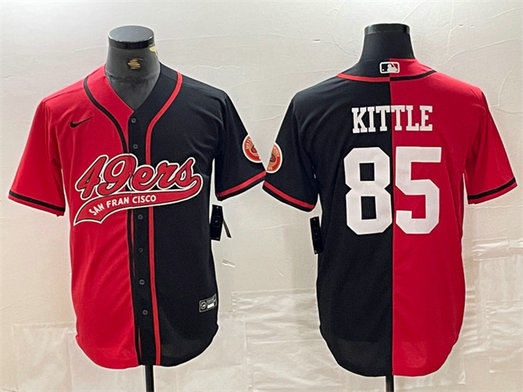 Men's San Francisco 49ers #85 George Kittle Red Black Split With Patch Cool Base Stitched Baseball Jersey