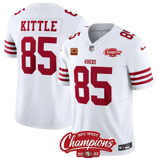 Men's San Francisco 49ers #85 George Kittle White 2023 F.U.S.E. With 4 star C Ptach And NFC West Champions Patch Football Stitched Jersey