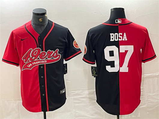 Men's San Francisco 49ers #97 Nick Bosa Red Black Split With Patch Cool Base Stitched Baseball Jersey