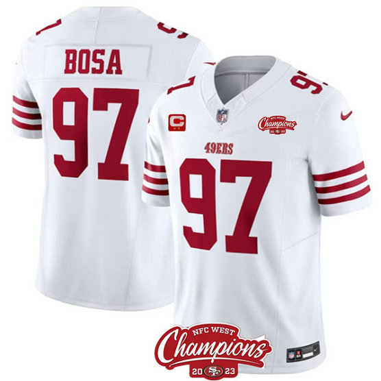 Men's San Francisco 49ers #97 Nick Bosa White 2023 F.U.S.E. With 2 star C Ptach And NFC West Champions Patch Football Stitched Jersey