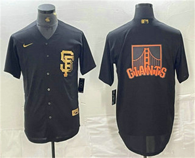 Men's San Francisco Giants Team Big Logo Black Gold Cool Base Stitched Baseball Jersey 1